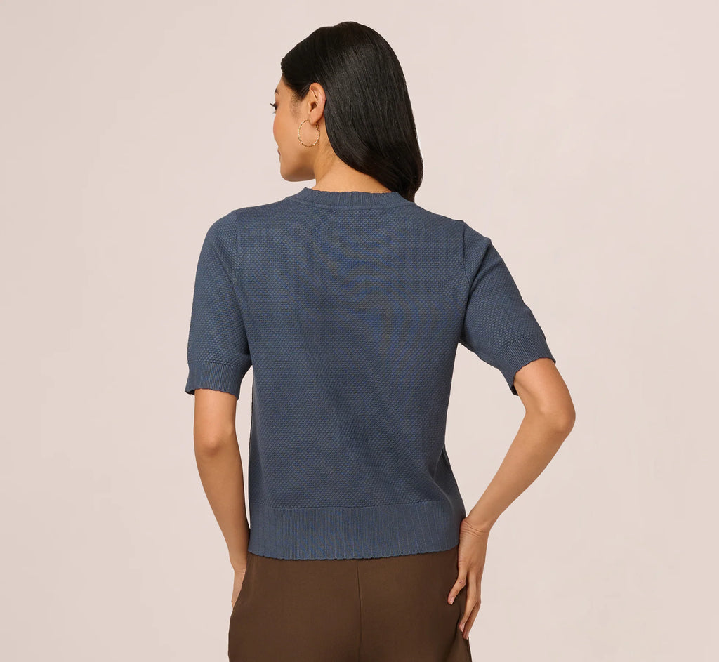 Short Sleeve Scalloped Sweater Top In Slate Blue
