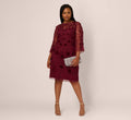 Plus Size Three Quarter Sleeve Velvet Floral Bead Sheath Dress In Mahogany