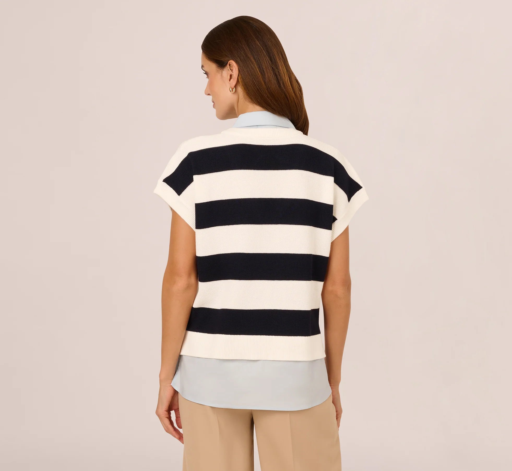 Striped Sweater Vest Cap Sleeve Collared Twofer Shirt In Navy Ivory Stripe W  Chambray