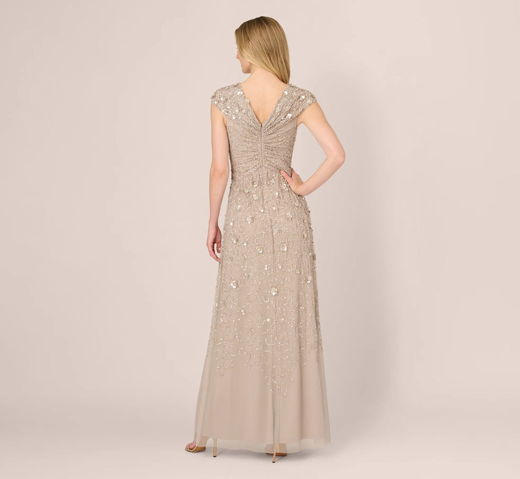 Cap Sleeve Beaded Sequin Floral Gown In Marble