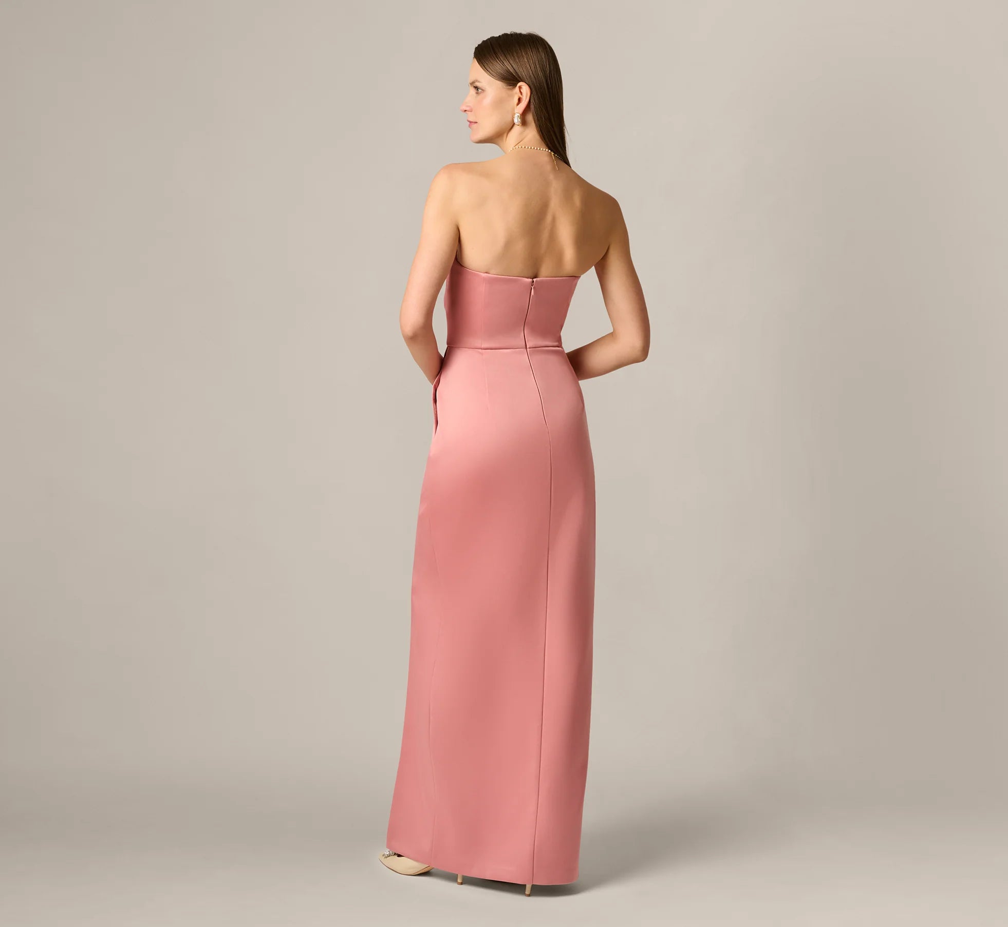 Strapless Duchess Satin Pleated Gown In Rose