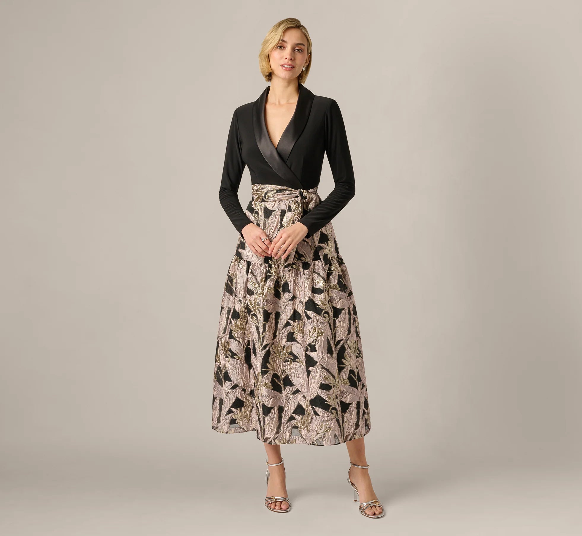 Long Sleeve Combo Tuxedo Ankle Length Gown In Black Blush