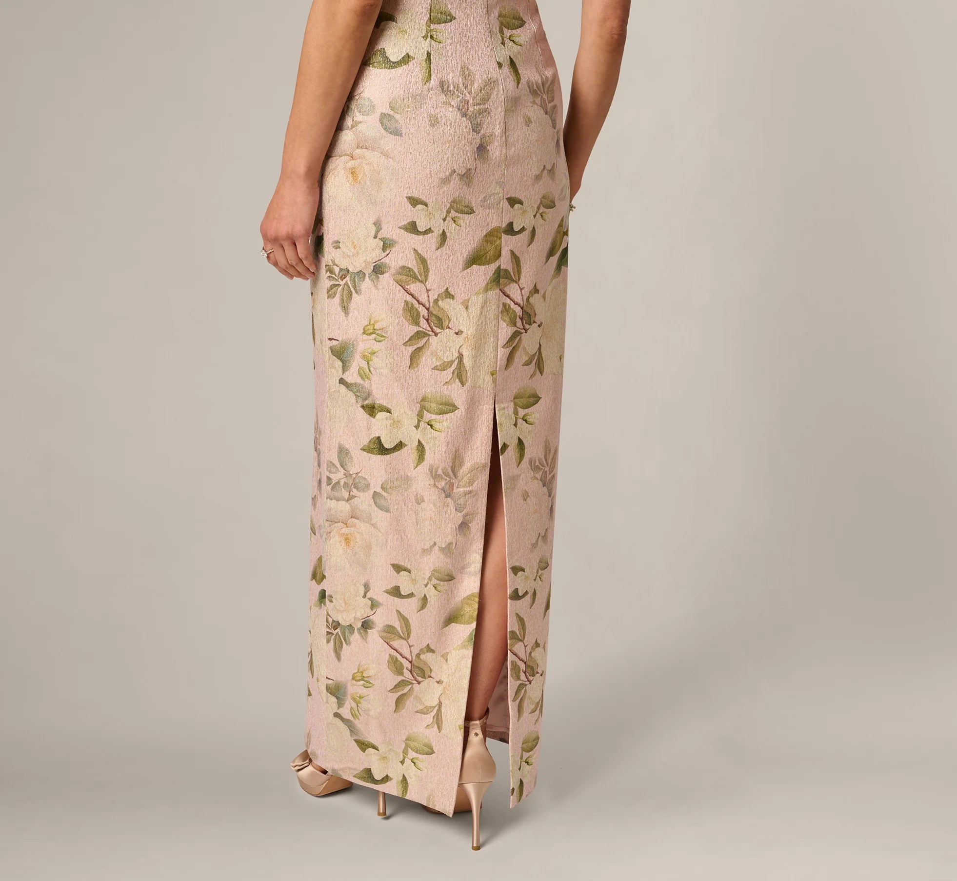 Beaded Square Neck Floral Jacquard Gown In Blush Multi