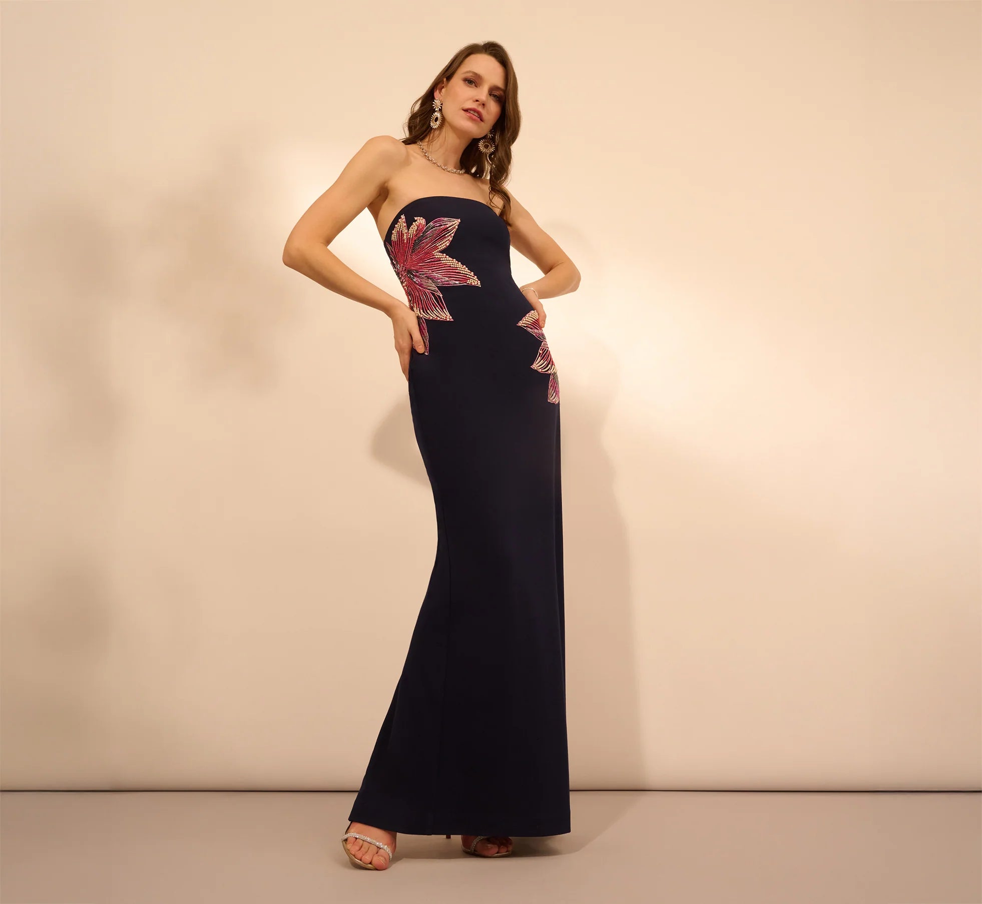Strapless Beaded Flower Gown In Navy
