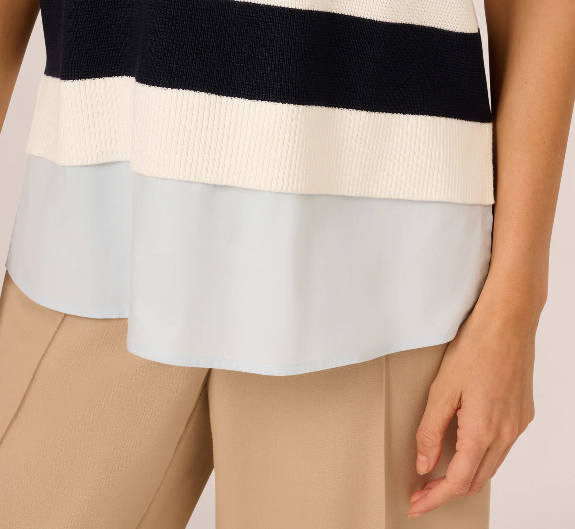 Striped Sweater Vest Cap Sleeve Collared Twofer Shirt In Navy Ivory Stripe W  Chambray