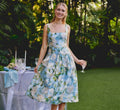 Square Neck Drop Waist Floral Jacquard Dress In Blue Multi