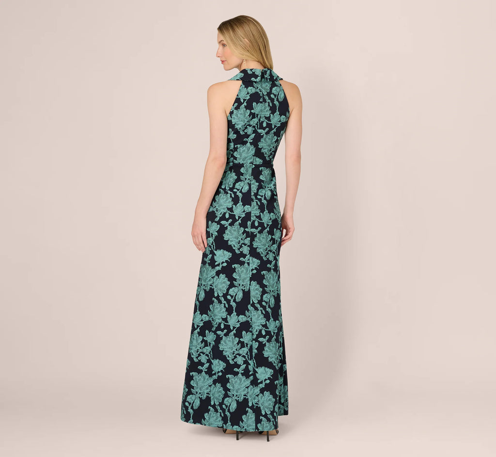 Floral Jacquard Shawl Collar Gown In Navy Multi