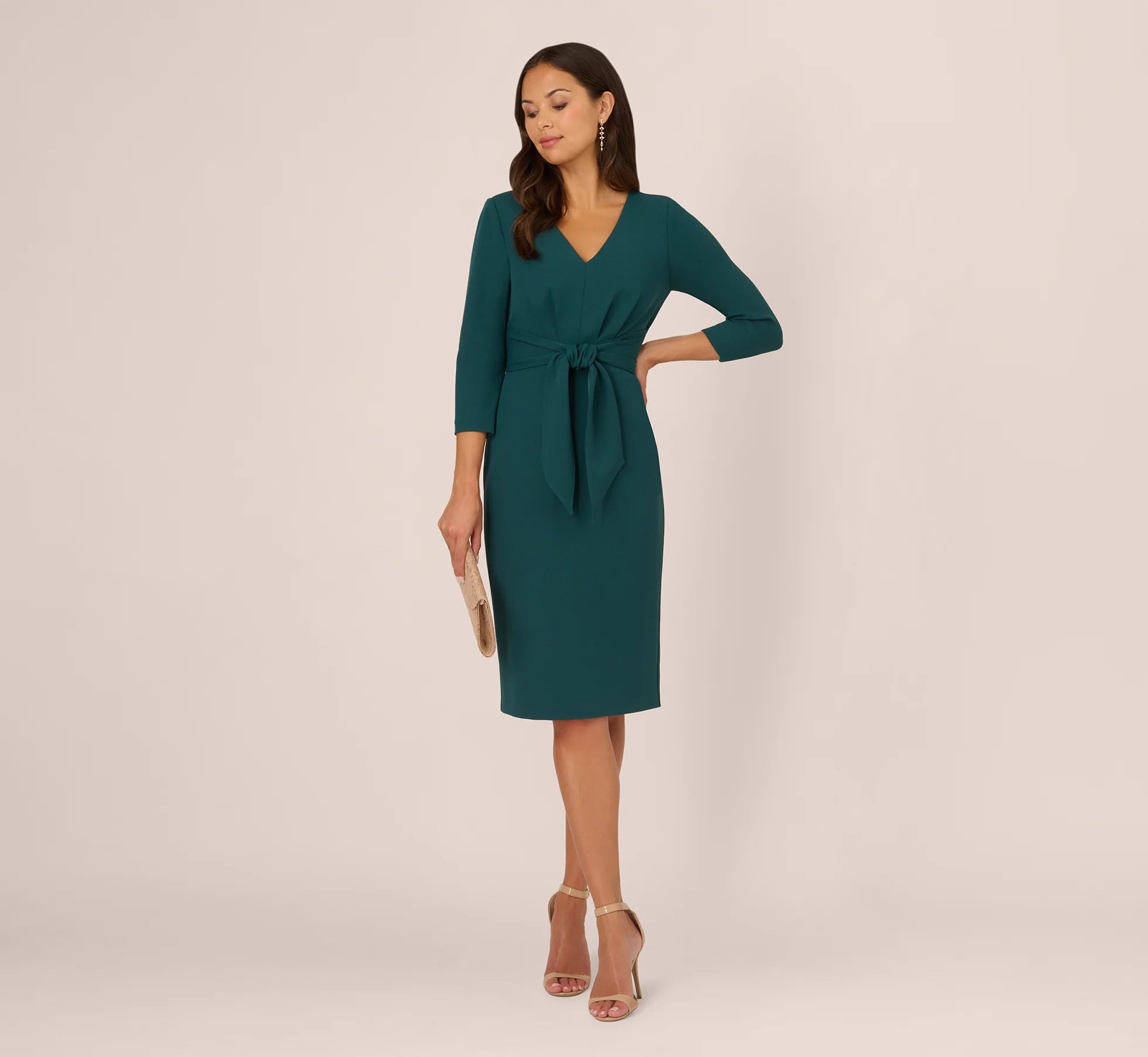 Three Quarter Sleeve Pleated Midi Dress With Tie Waist In Hunter