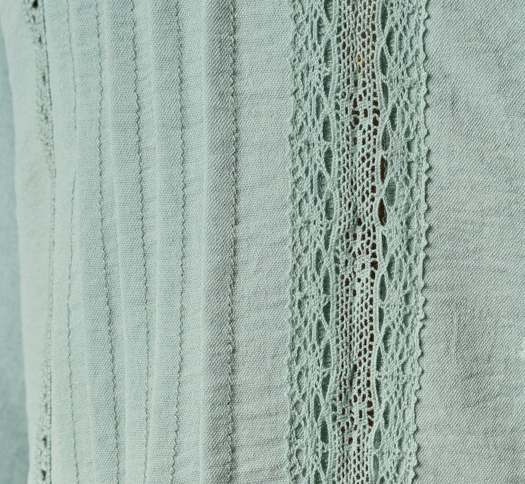 Short Sleeve Pintuck Lace Tie Front Top In Dusty Seamist