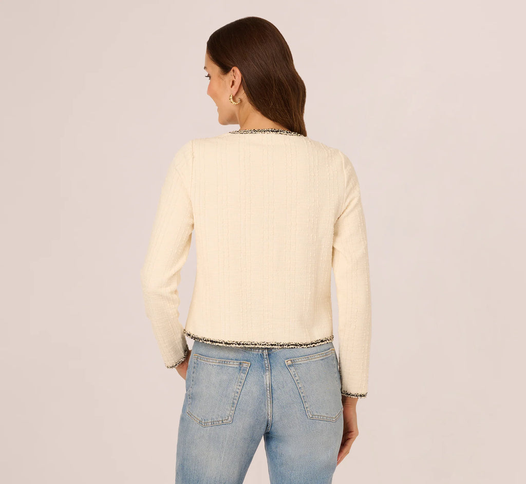 Fringe Trim Boucle Tweed Cardigan Jacket In Ivory Black