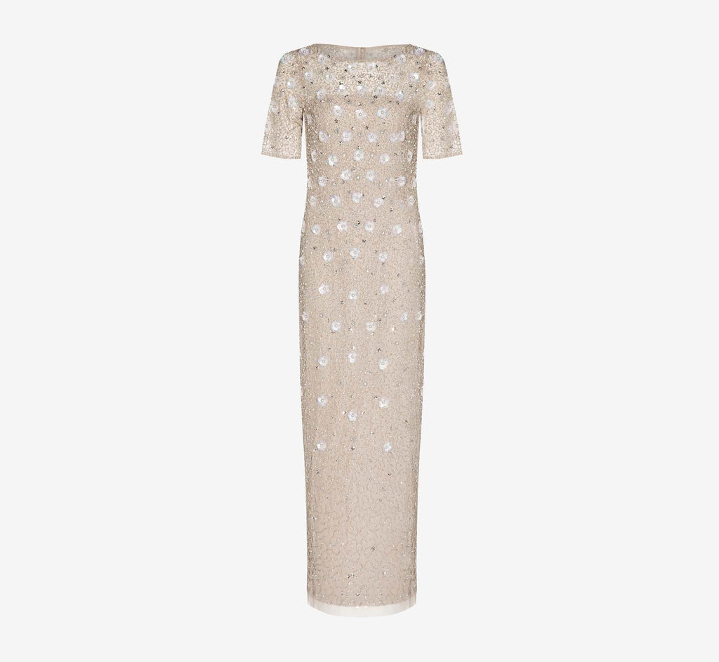 Long Hand Beaded 3D Floral Dress With Elbow Sleeves In Marble