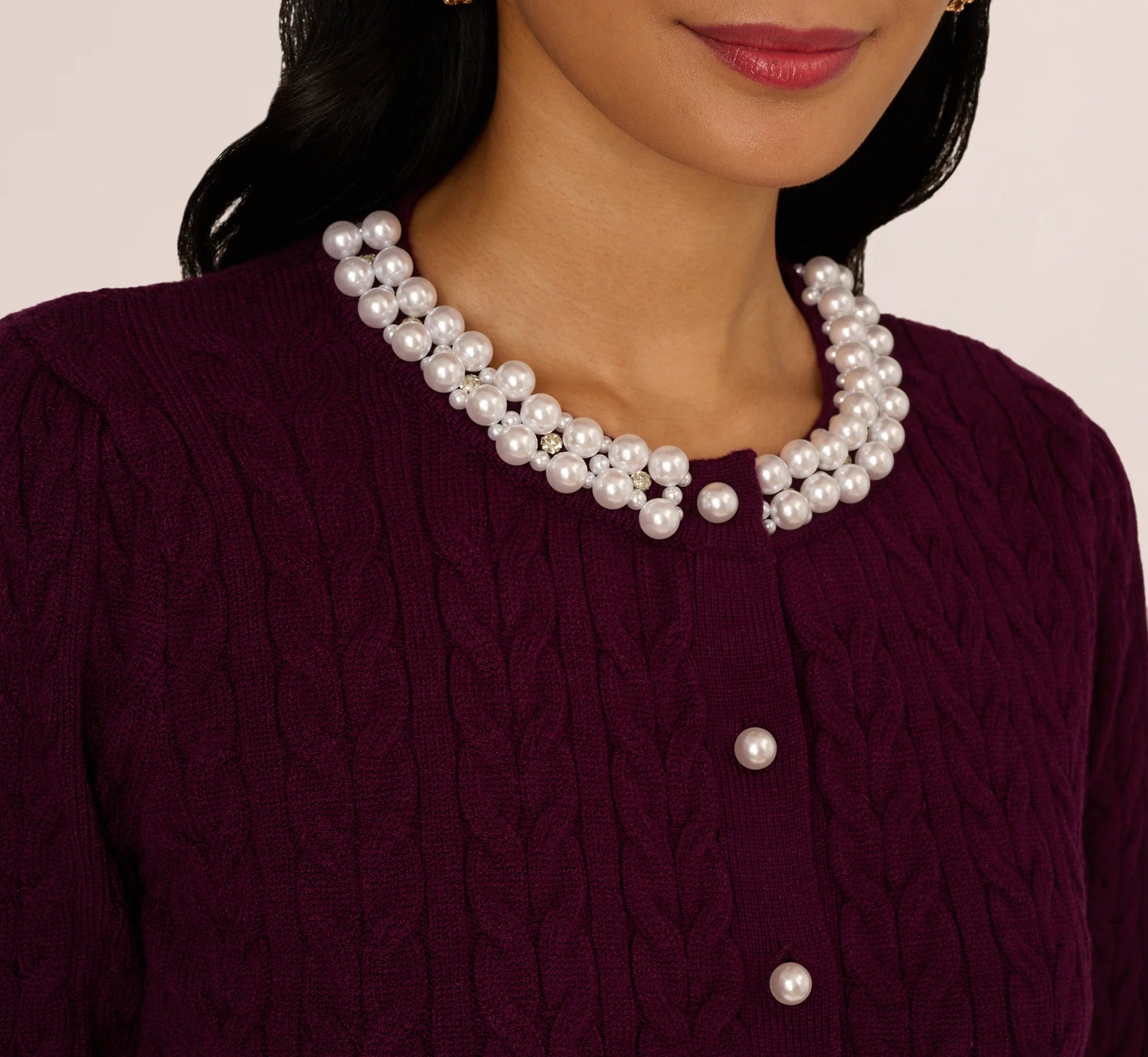 Pearly Trim Cable Knit Cardigan Sweater In Raisin
