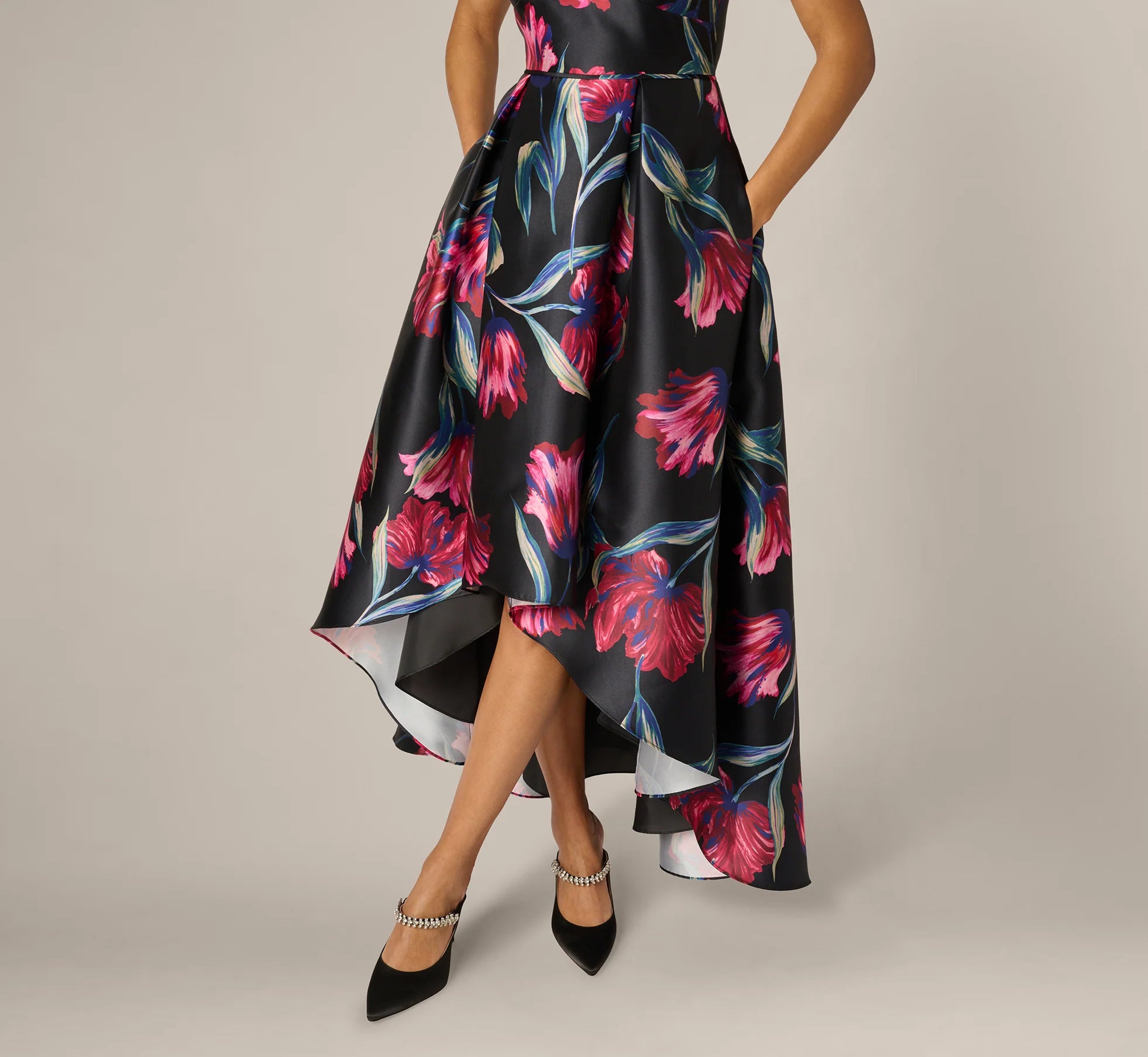 Floral Print Mikado High Low Gown In Black Multi