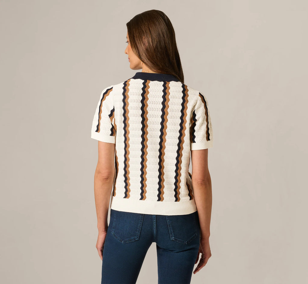 Open Knit Pointelle Scalloped Polo Sweater In Ivory Navy Camel