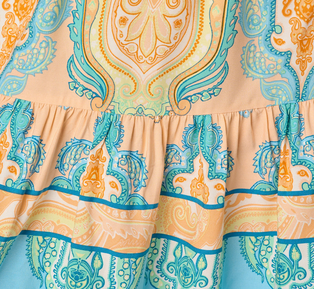 Bishop Sleeve Paisley Print Belted Short Dress In Peach Multi