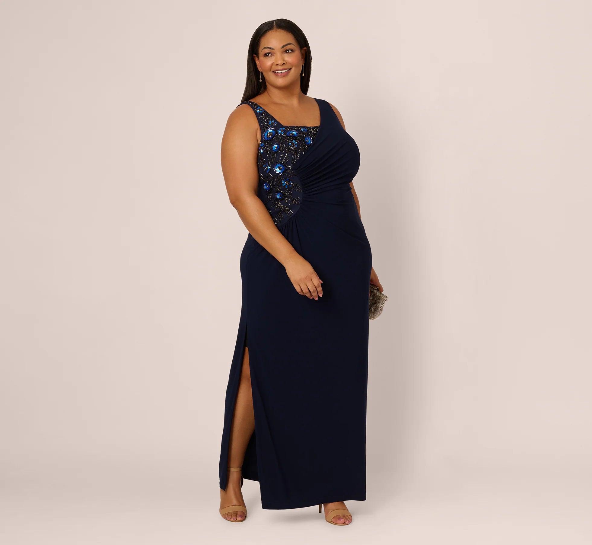 Plus Size Sleeveless Asymmetrical Floral Beaded Jersey Gown In Midnight Multi