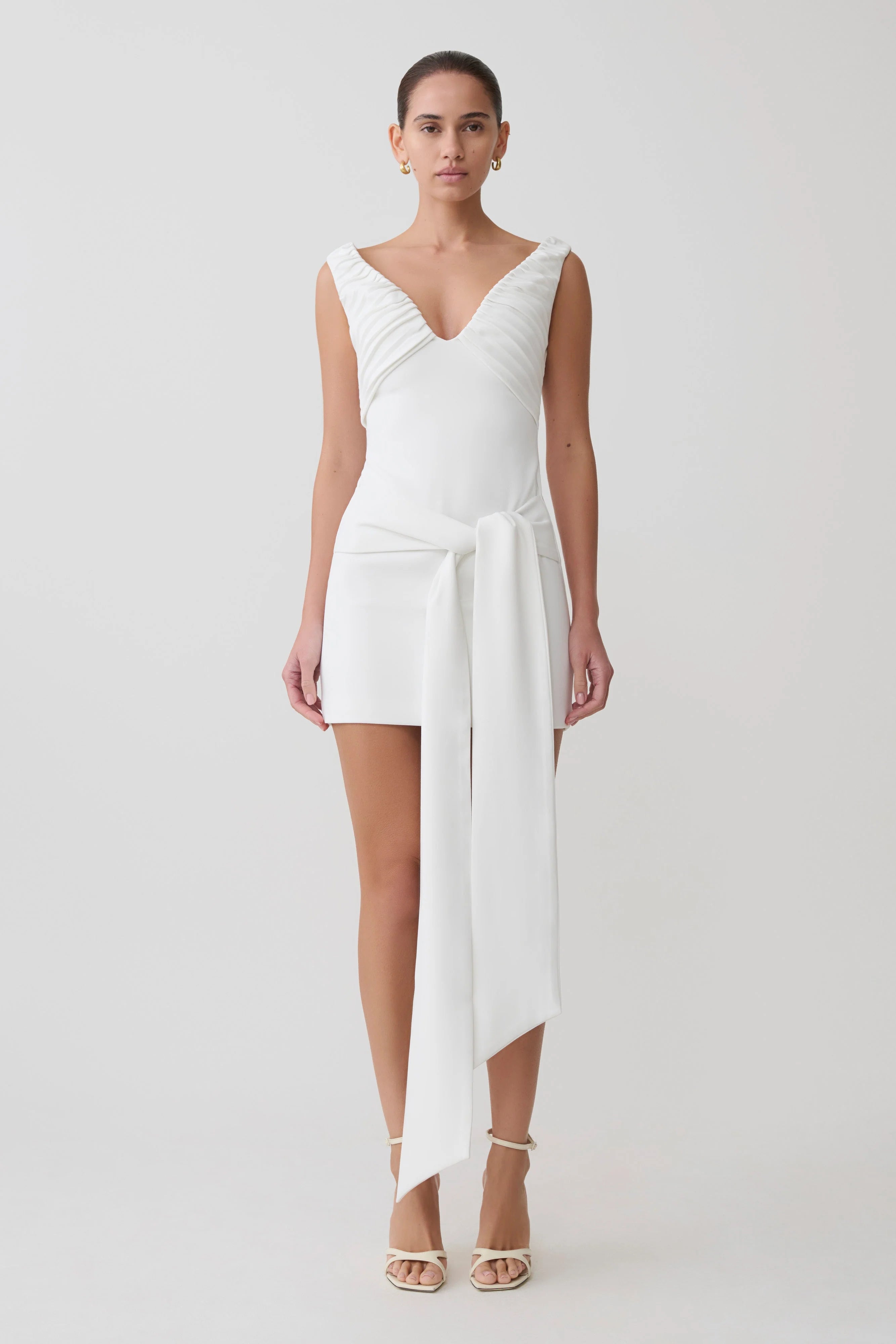 Runa Off Shoulder Mini Dress With Waist Tie - White