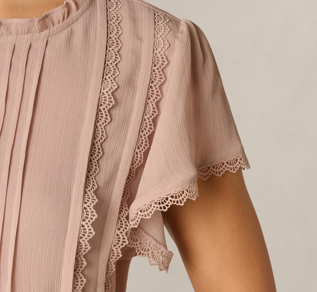 Flutter Sleeve Lace Pintuck Top In Simply Taupe