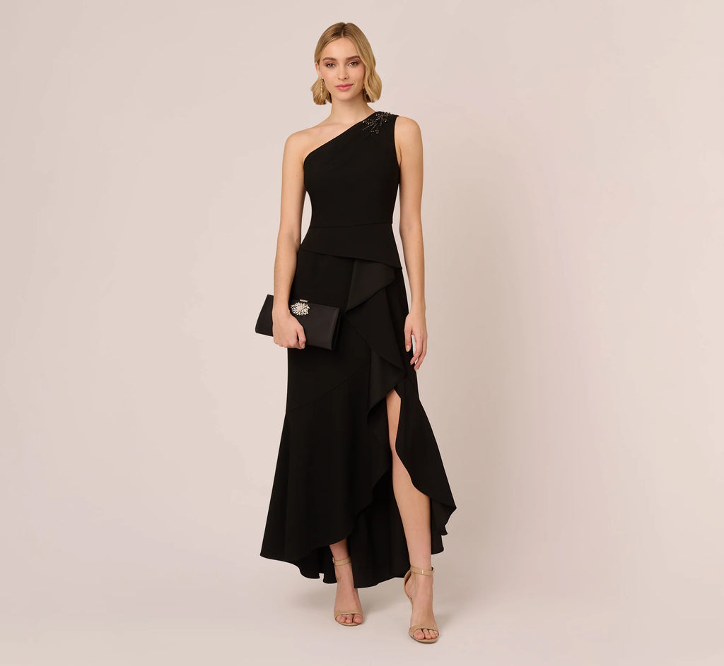One Shoulder Ruffled Crepe Gown With Beaded Accent In Black