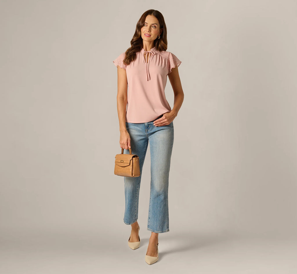Flutter Sleeve Tie Collar Yoke Top In Rose Dust