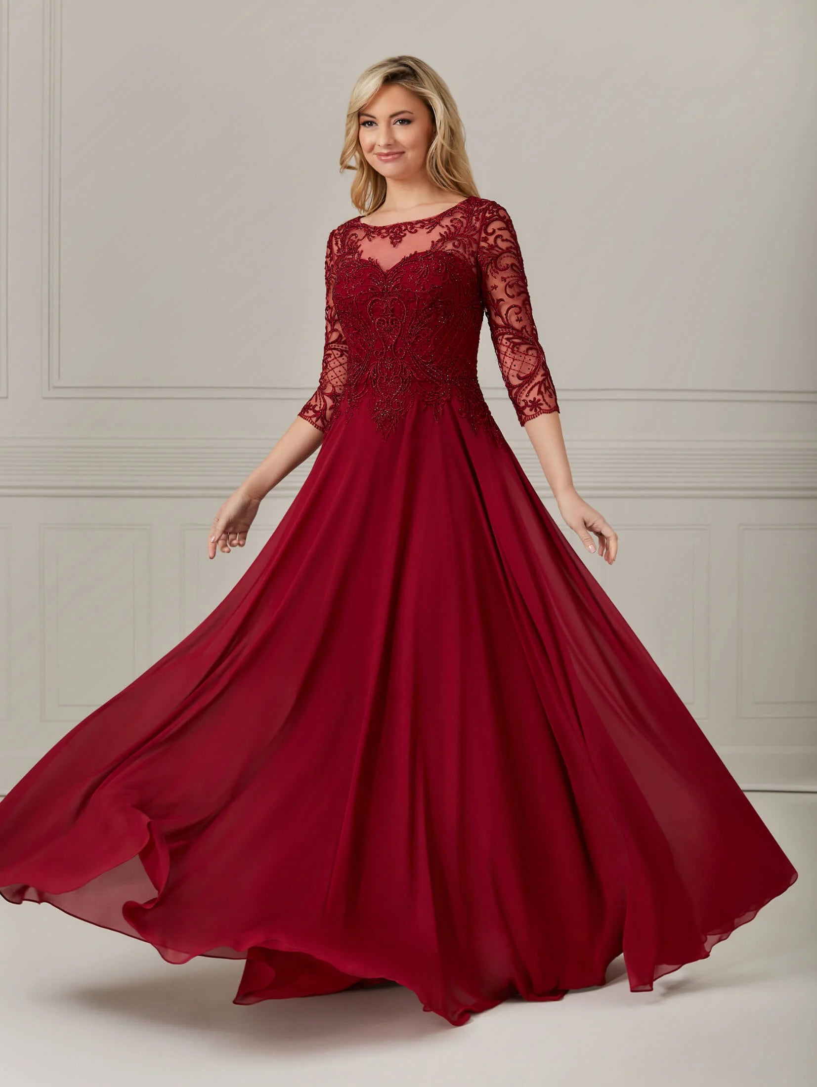 3/4 Sleeve Chiffon and Lace A-Line Dress