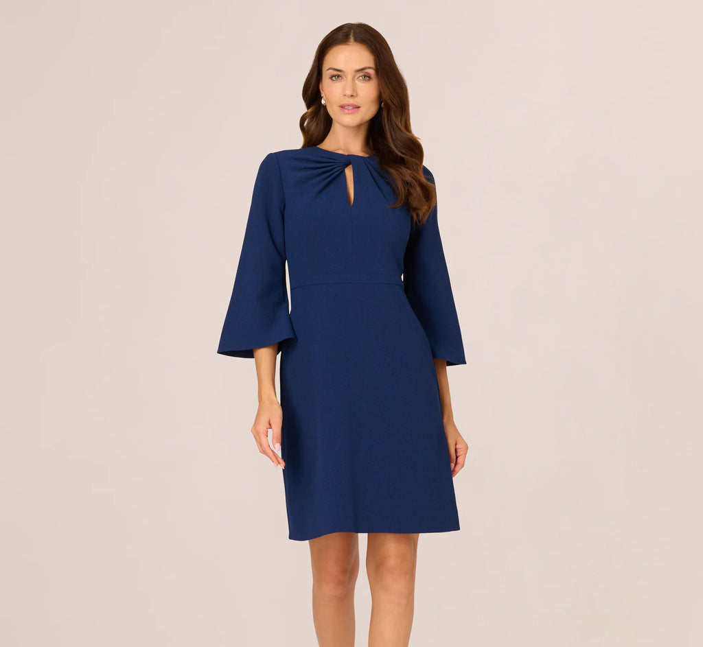 Bell Sleeve Stretch Crepe Keyhole Sheath Dress In Navy Sateen