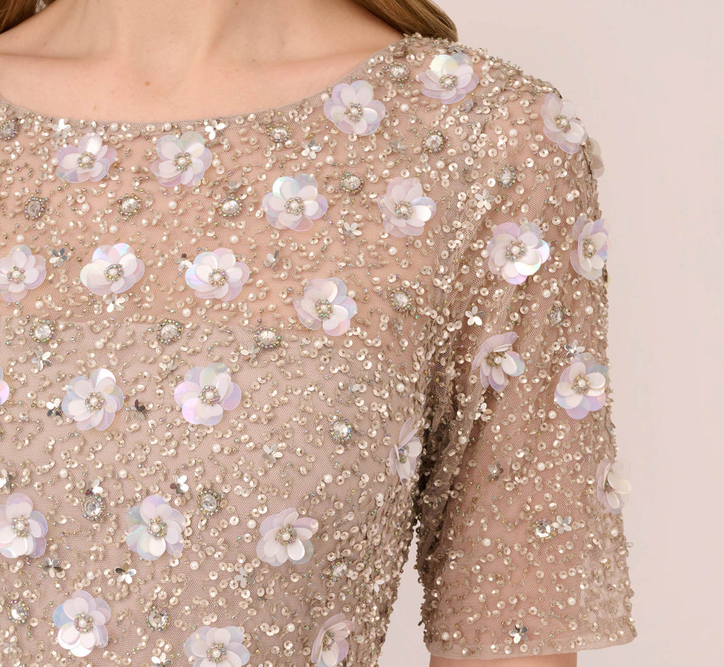 Long Hand Beaded 3D Floral Dress With Elbow Sleeves In Marble