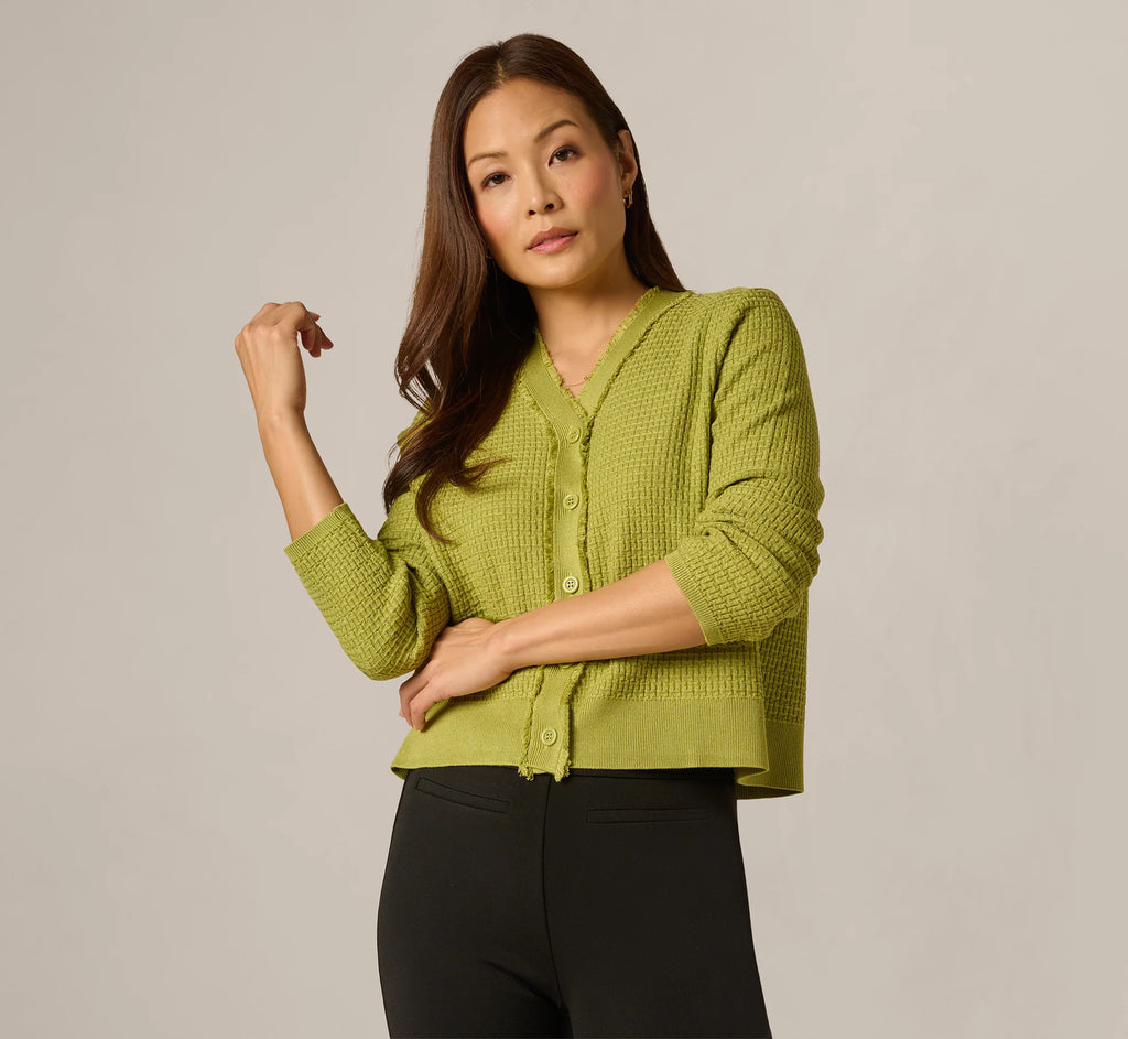 Waffle Knit Cardigan Sweater With Frayed Edges In Apple Green