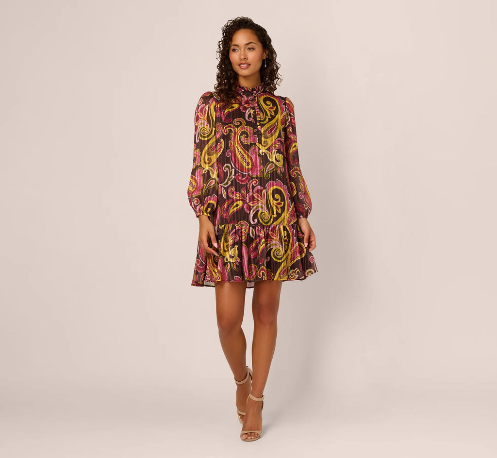 Long Sleeve Paisley Chiffon Trapeze Dress In Brown Multi