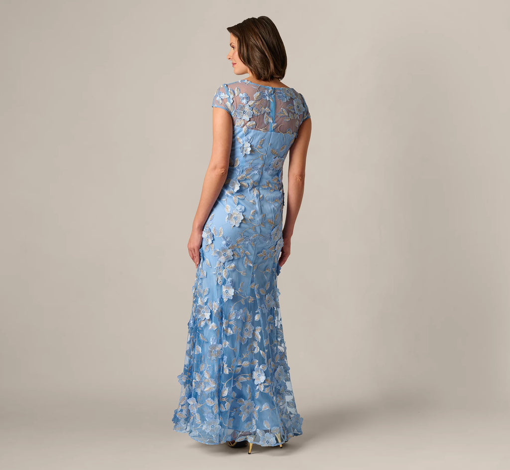 Cap Sleeve Floral Embroidered Illusion Godet Gown In Light Blue Gold