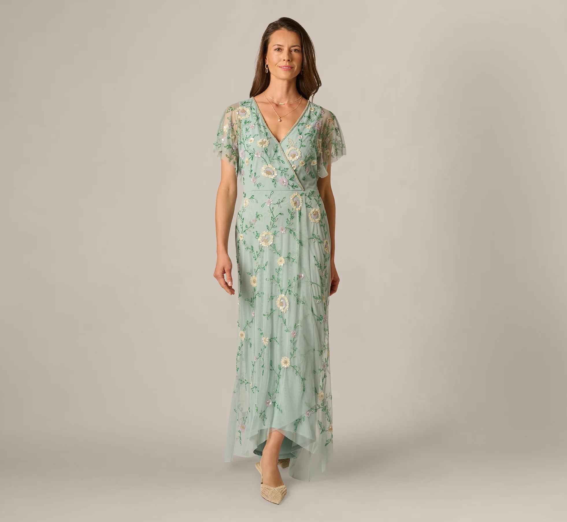Flutter Sleeve Beaded Wrap Dress In Aqua Dust