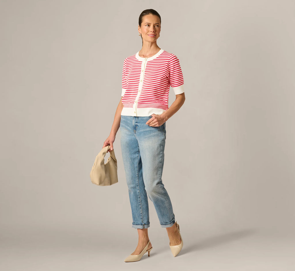Short Sleeve Metallic Button Cardigan Sweater In Ivory Red