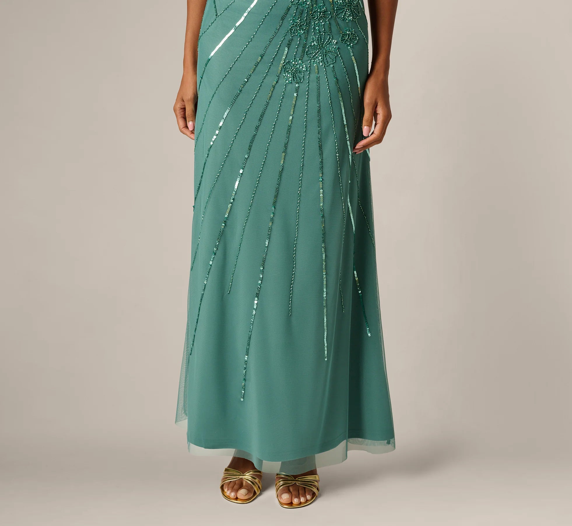 Floral Beaded Illusion Mermaid Gown In Green Slate