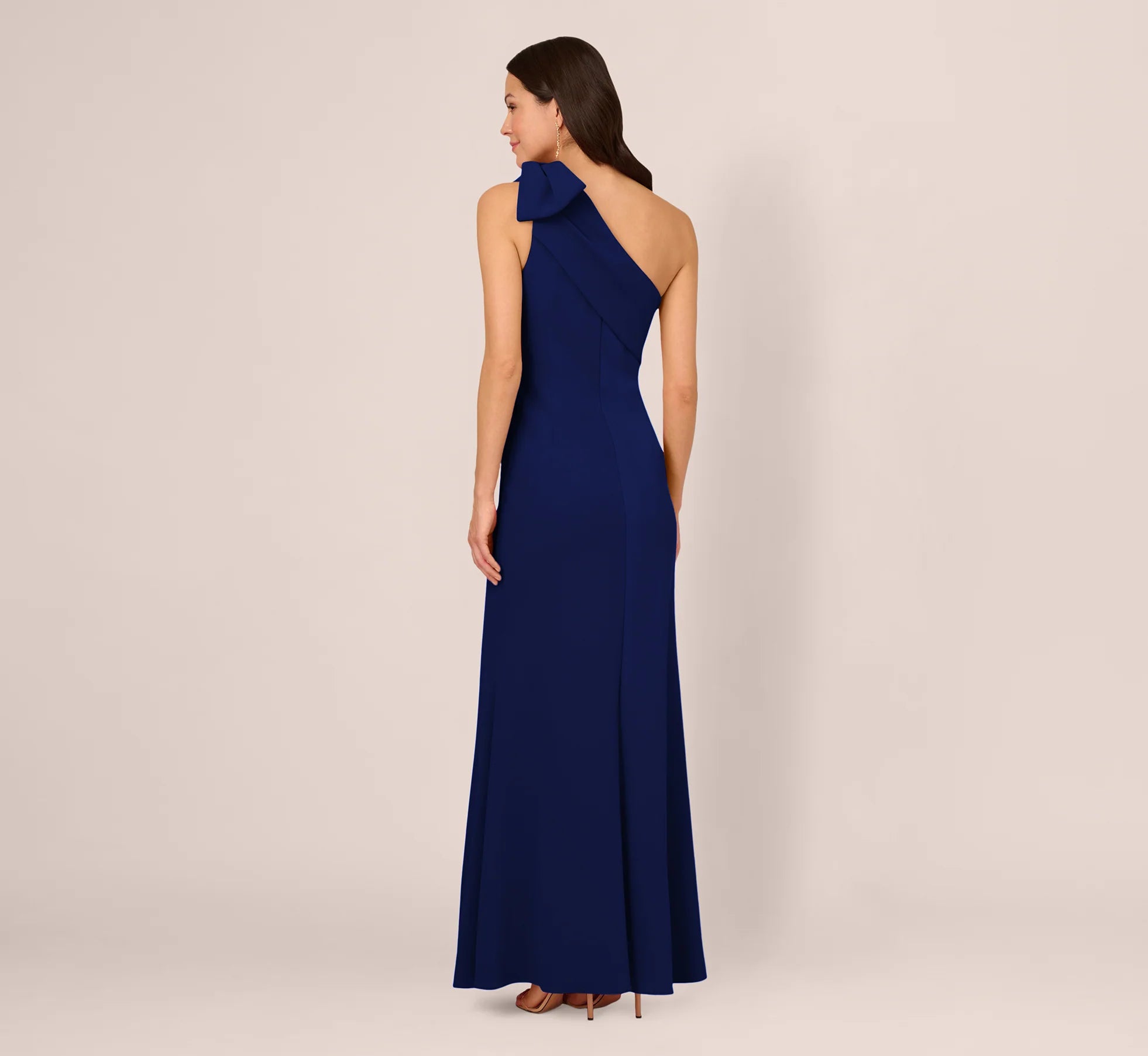 Stretch Crepe One Shoulder Mermaid Gown With Bow Accent In Navy Sateen