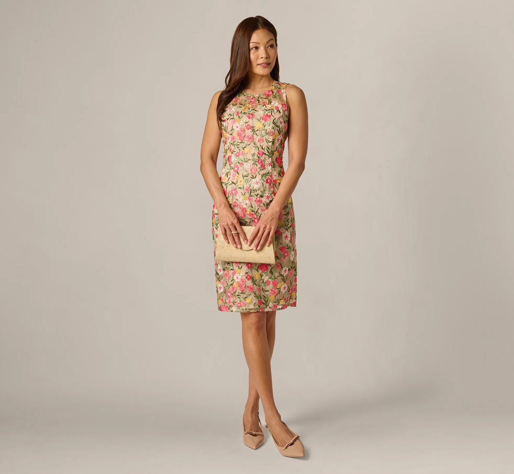 Floral Embroidered Illusion Sheath Dress In Coral Multi