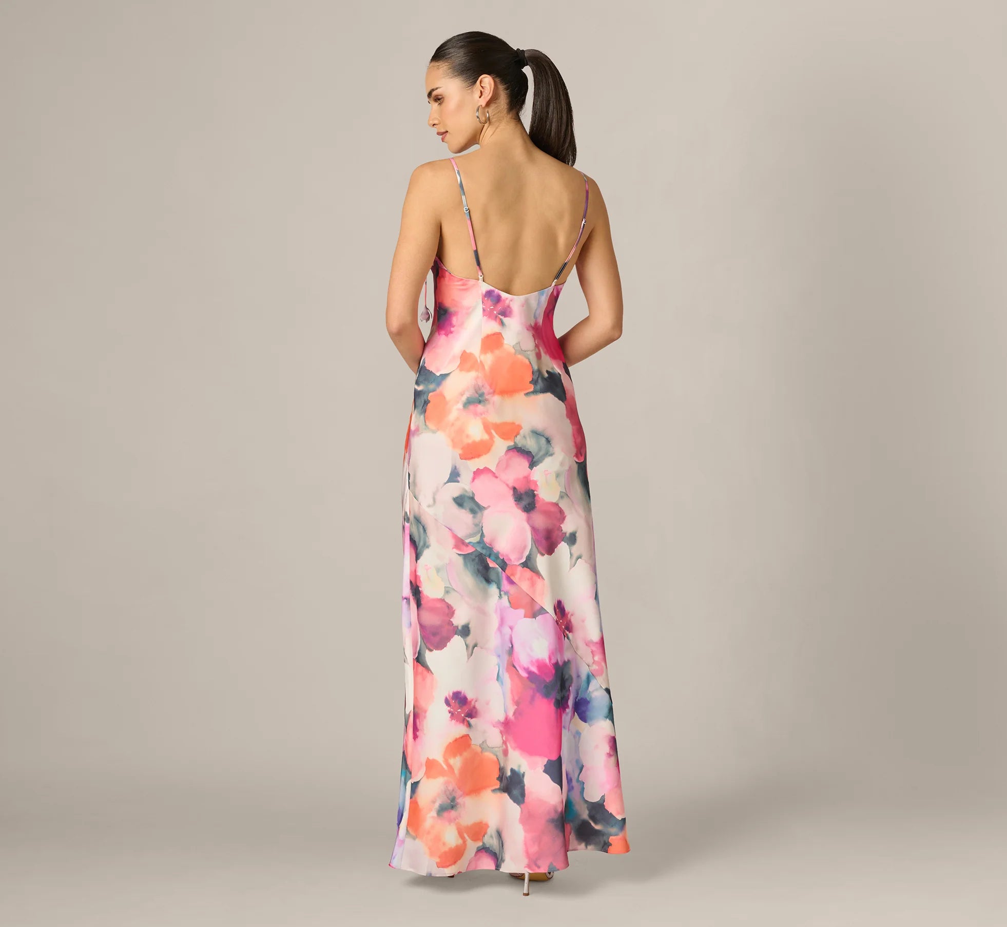 Cowl Neck 3D Floral Sateen Gown In Pink Orange Multi