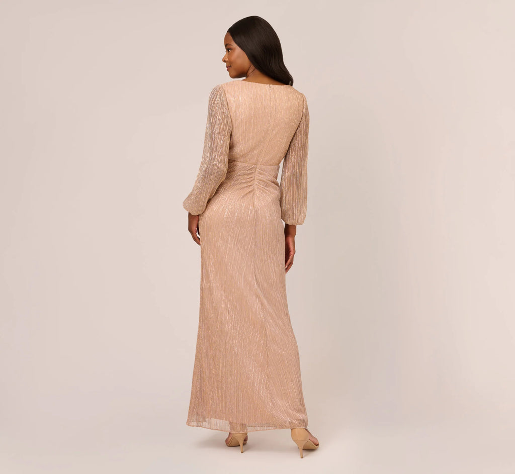 Metallic Crinkled Mesh Draped Long Gown In Light Gold