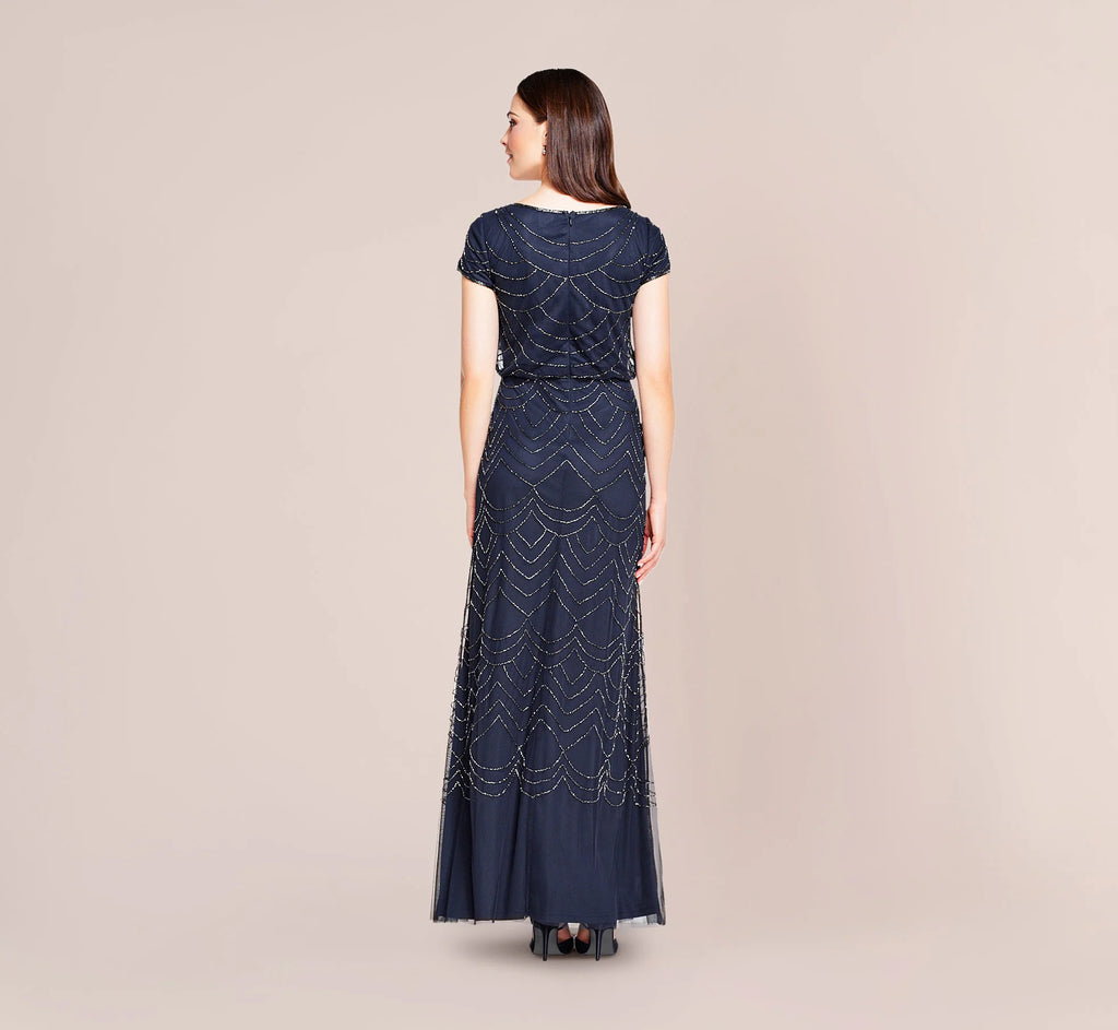 Short Sleeve Beaded Blouson Gown In Navy