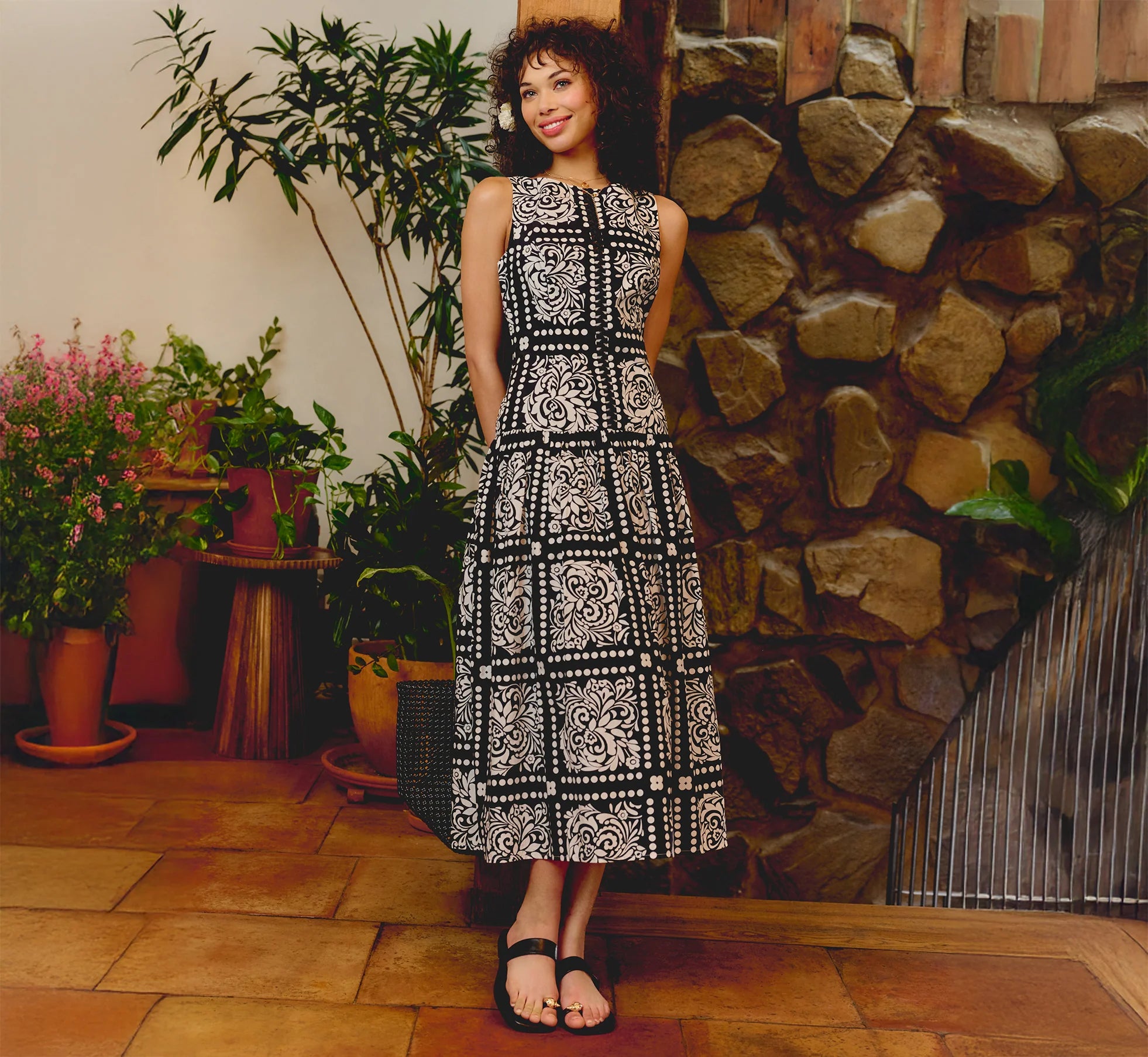 Drop Waist Cotton Tile Print Midi Sundress In Black Ivory