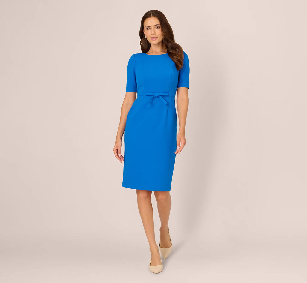Short Sleeve Bow Waist Sheath Dress In Cool Cobalt
