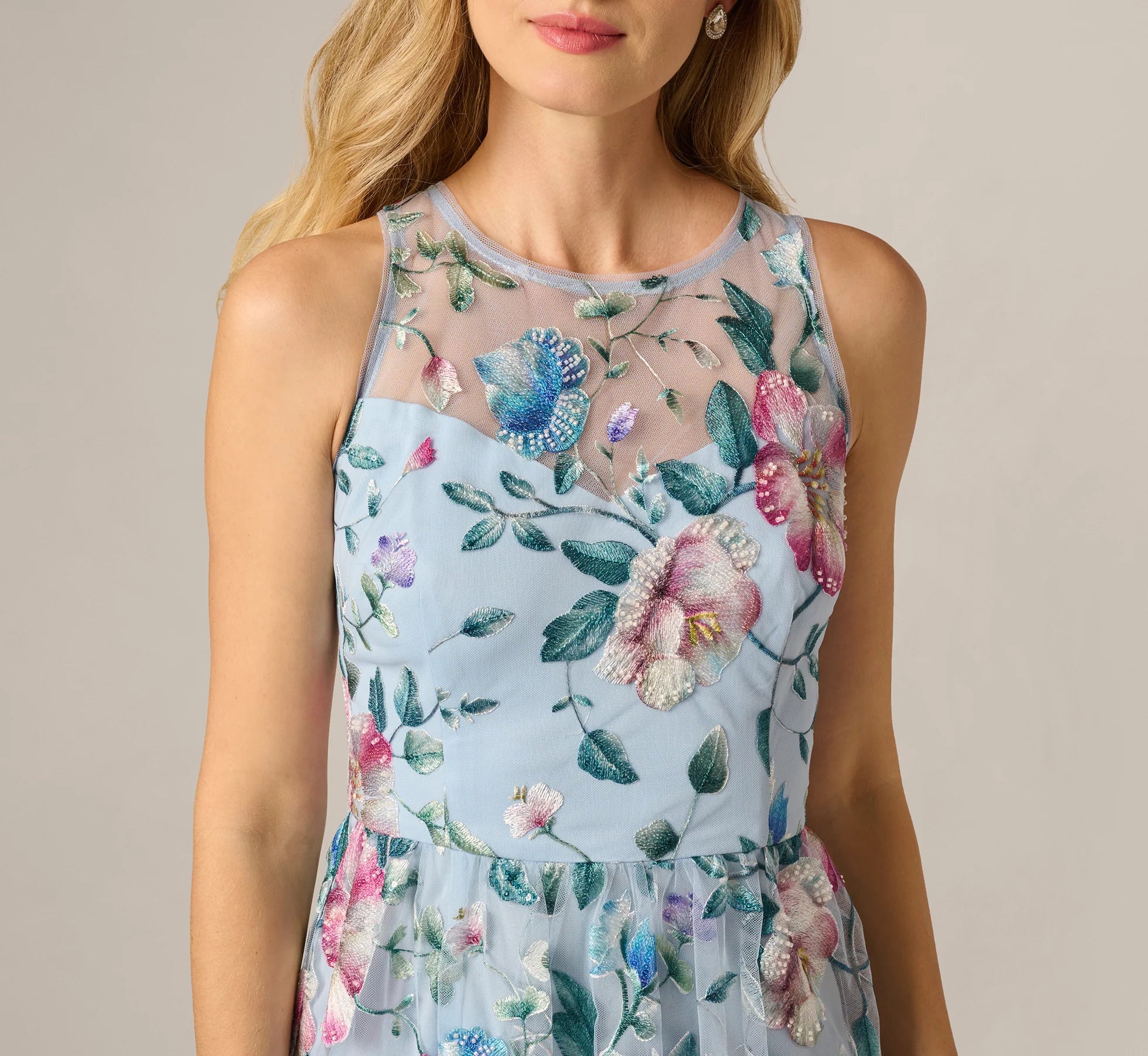 Sequin Beaded Floral Embroidery Illusion Midi Dress In Blue Multi