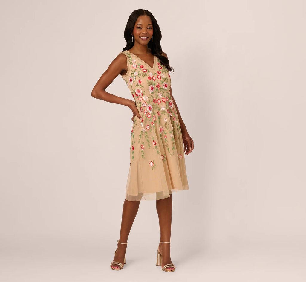 Sleeveless Fringe Trim Floral Bead Midi Dress In Nude Multi