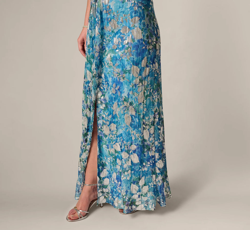 Flutter Sleeve Crinkle Foil Floral Gown In Blue Multi