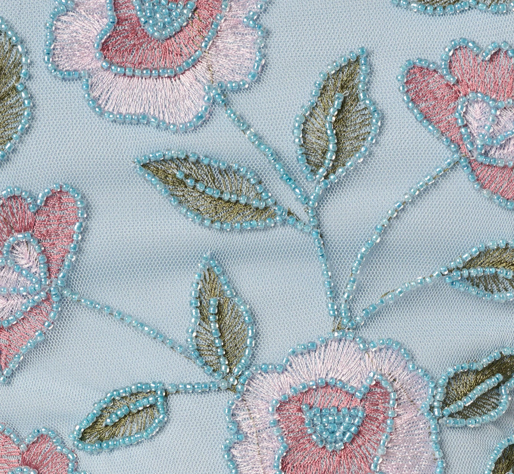 Sleeveless Floral Beaded Embroidery Ruffle Midi Dress In Elegant Sky Multi