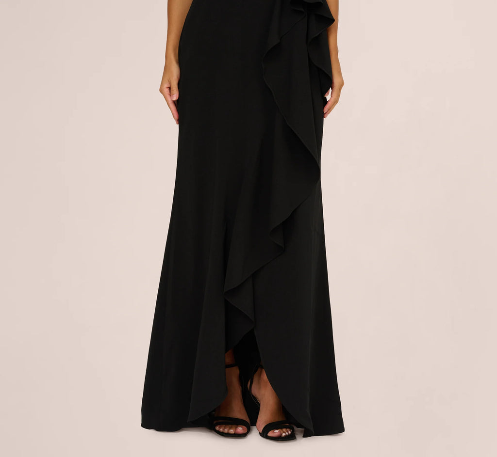 Strapless Sequin Ruffle Combo Gown In Black
