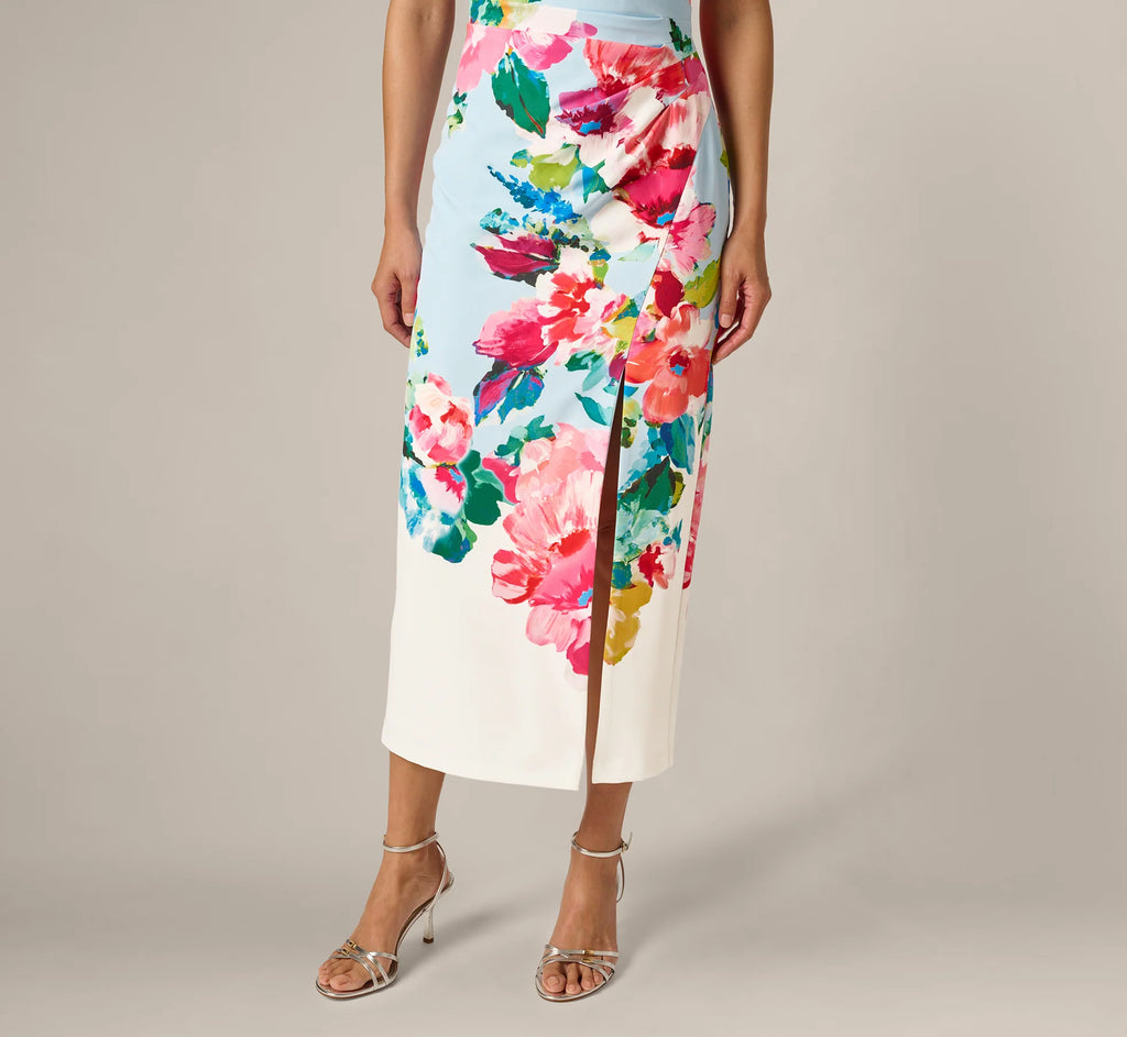 One Shoulder Floral Twill Midi Dress In Blue Multi