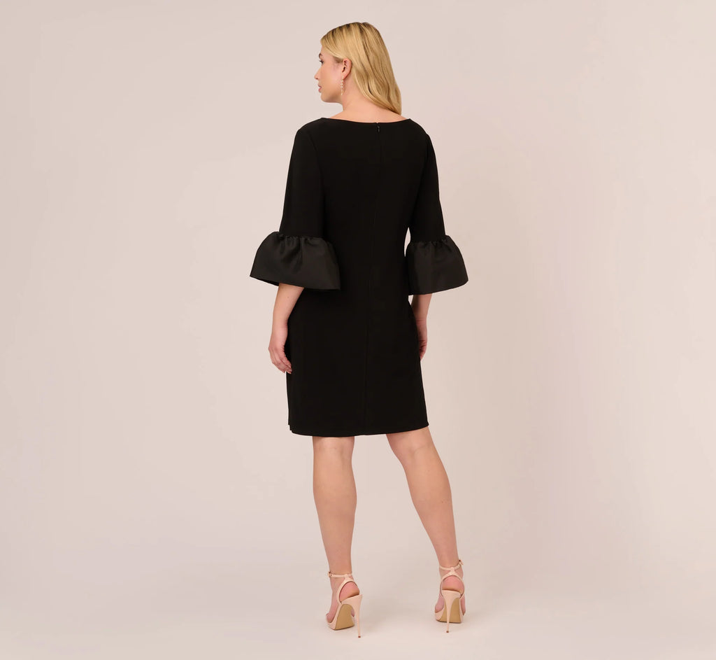 Plus Size Draped Jersey Short Sheath Dress With Bell Cuffs In Black