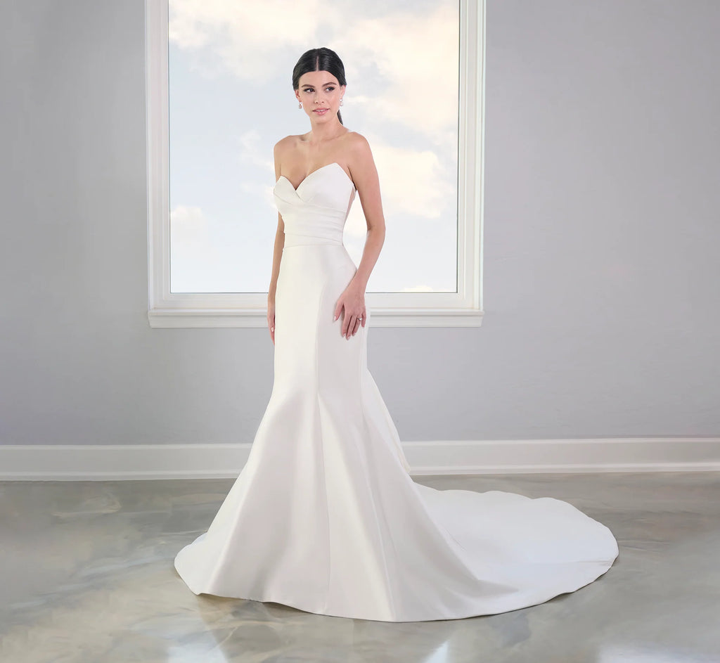 Stretch Mikado Gown With Studded Pearl Jacket In Ivory