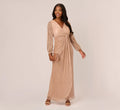 Metallic Crinkled Mesh Draped Long Gown In Light Gold
