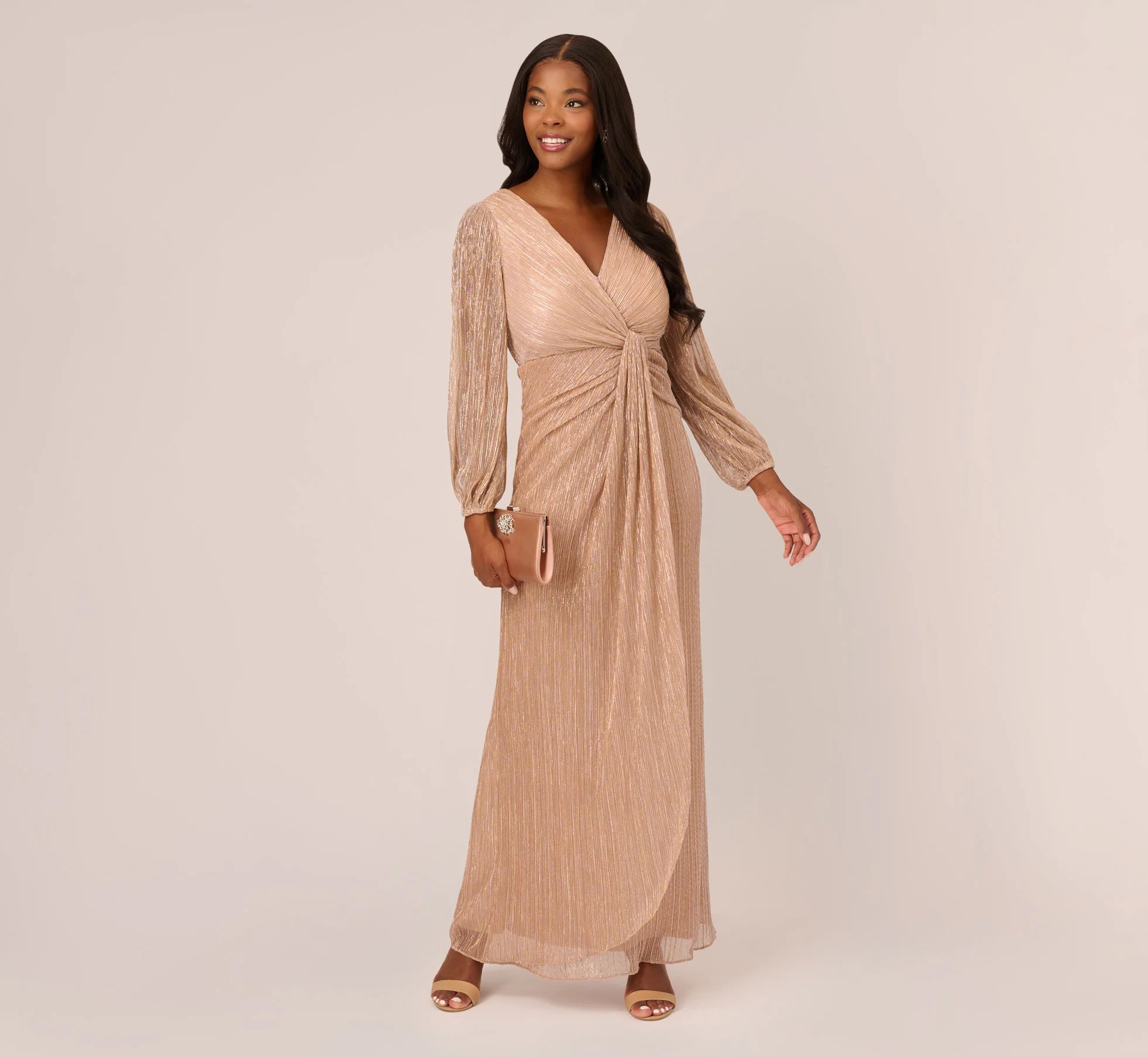 Metallic Crinkled Mesh Draped Long Gown In Light Gold